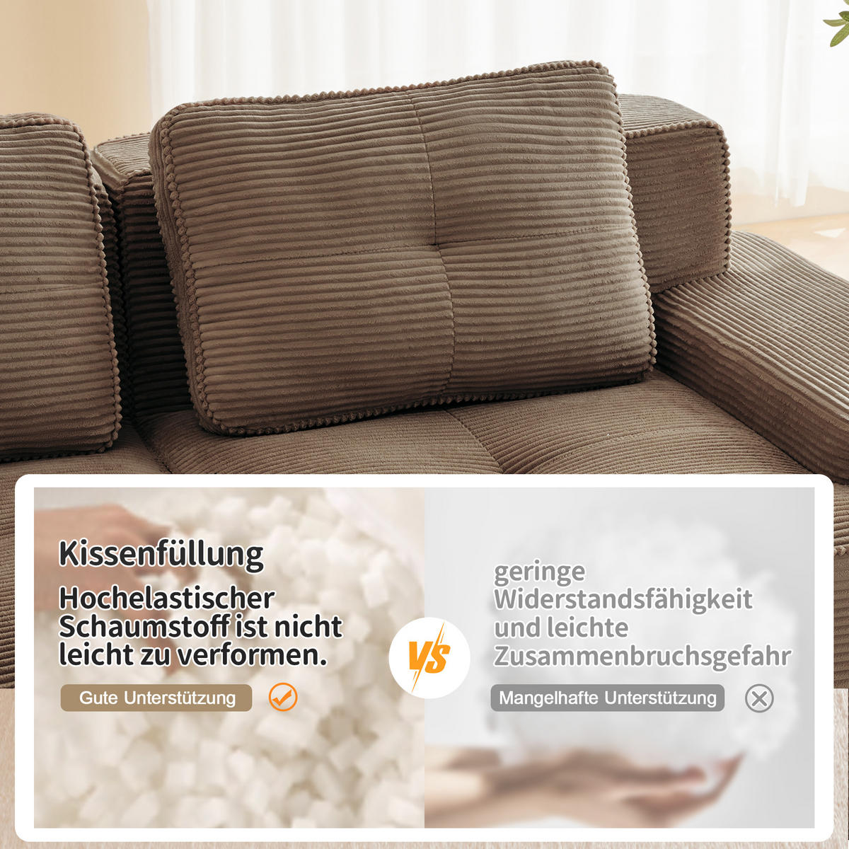 2-SITZER SOFA Cord Braun mit rutschfester Basis - Braun, Textil (204/69/104cm) - WISHDOR