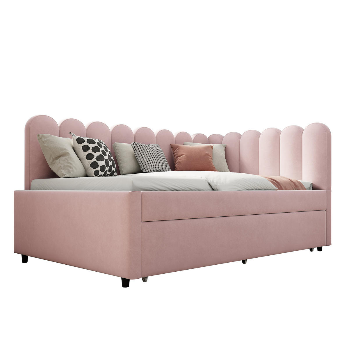 MULTIFUNKTIONSBETT mit Ausziehbett und blütenblattförmiger Rückenlehne Rosa 140/205/90 cm - Rosa, Leder (140/200cm) - OKWISH