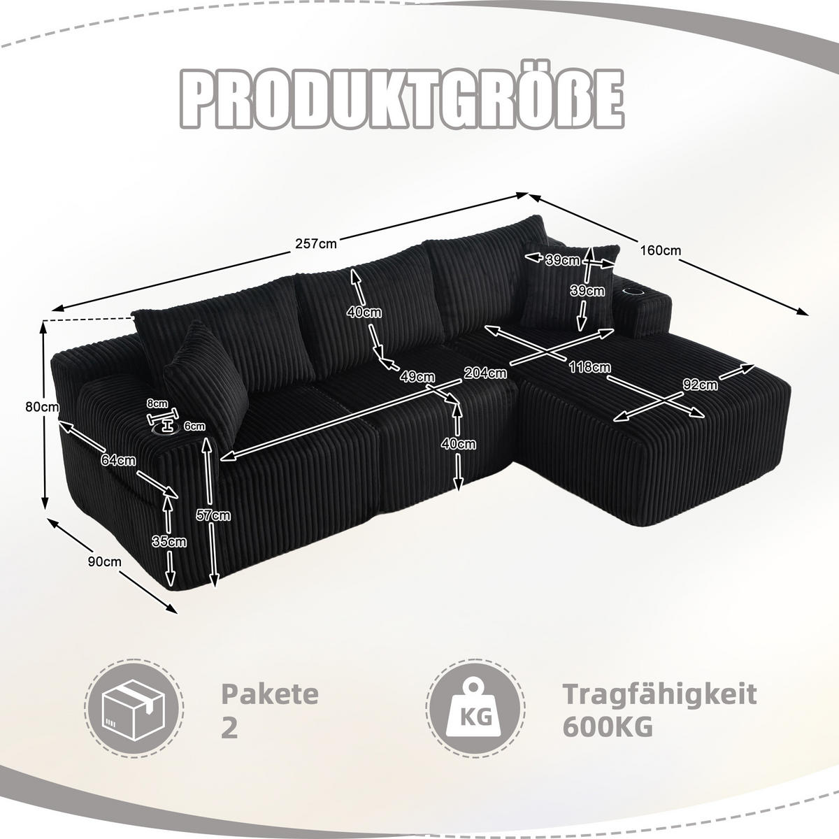MODULARES Sofa-Set Cord mit Chaiselongue und 2-Sitzer Taschen und Getränkehalter 257/90-160/62 cm Schwarz - Schwarz, Textil (160/257cm) - Redom