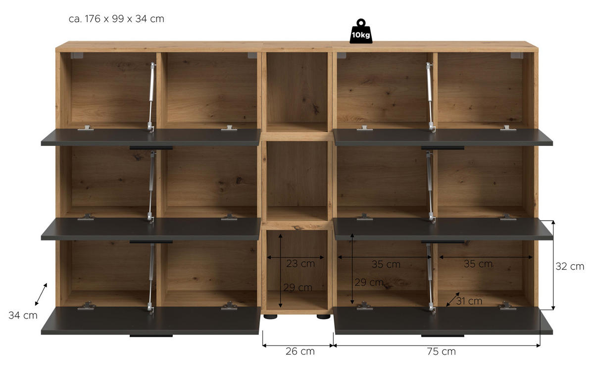 SIDEBOARD grau, Eiche Artisan 176 cm, Kommode mit Soft-Close - Schwarz/Eiche Artisan, Holzwerkstoff/Kunststoff (176/99/34cm) - Inn.Furn
