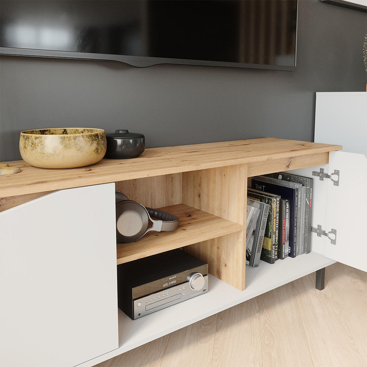 LOWBOARD Marelle Weiß/Artisan 150 x 60 cm mit 2 Türen - Hellgrau/Weiß, Holzwerkstoff (150/60/38cm) - Vicco