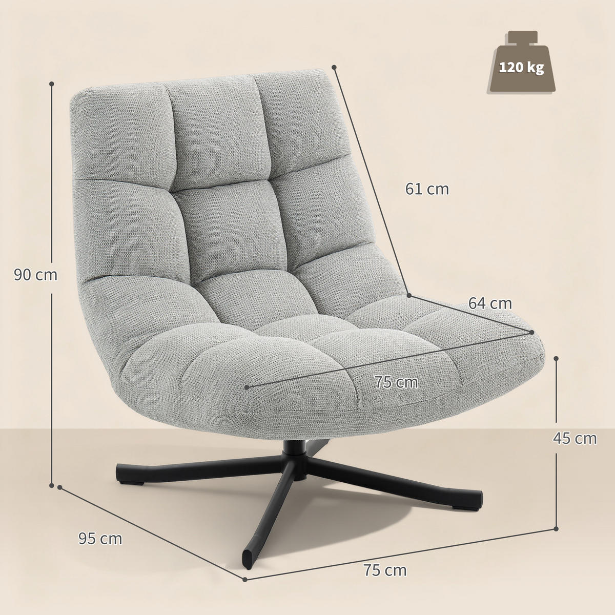 LOUNGESESSEL Chenille Stahl Hellgrau - Hellgrau/Schwarz, Textil/Metall (75/90/95cm) - HOMCOM