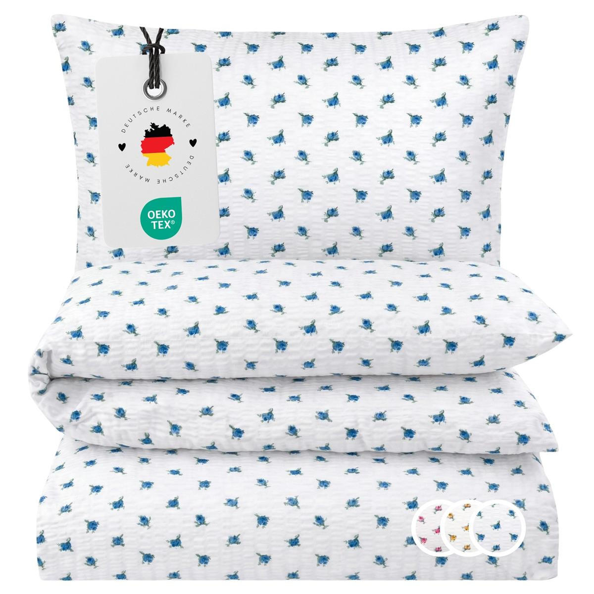 SEERSUCKER-BETTWÄSCHE 135x200 geblümt Sommer Bettbezug Bügelfrei aus 100% Baumwolle, Bettbezüge Blumen Rosen Muster Blau - Blau, Textil (135/200cm) - Carpe Sonno