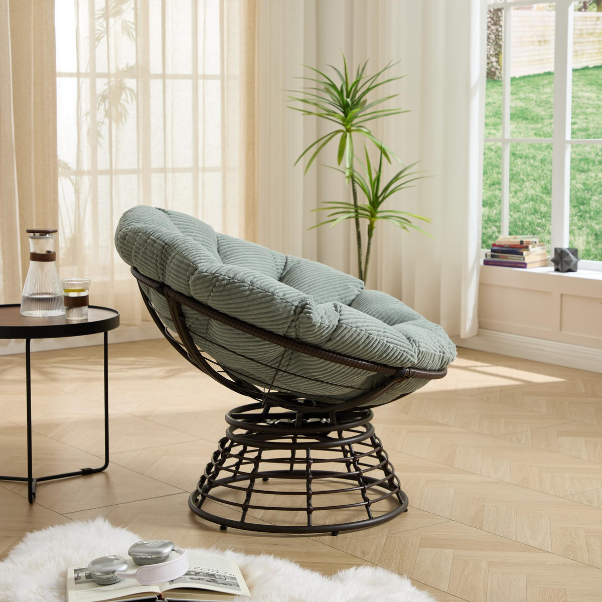 GARTEN-RELAXSESSEL Papasansessel, 360° drehbar,Rattan,Cord, Hellgrün - Hellgrün, Textil (60/67/92cm) - LVHOM