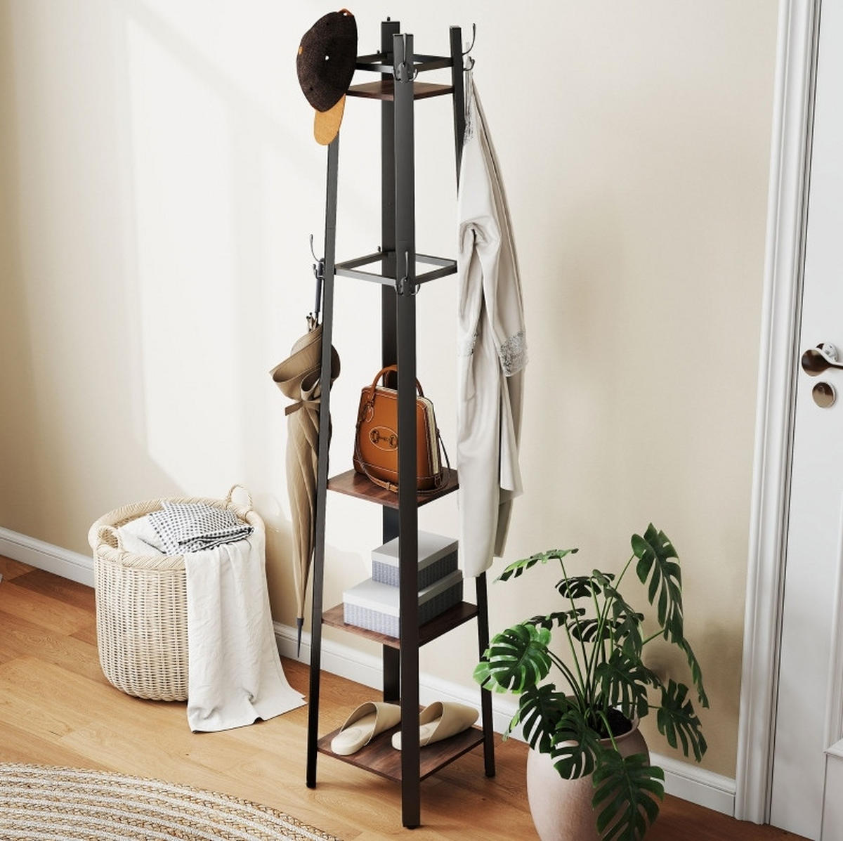 GARDEROBENSTÄNDER 34,8/34,8/179 cm mit 8 Haken und 4 Ablagen aus Metall und Holzoptik, Braun - Braun, Holz (34.8/179/34.8cm) - Redom