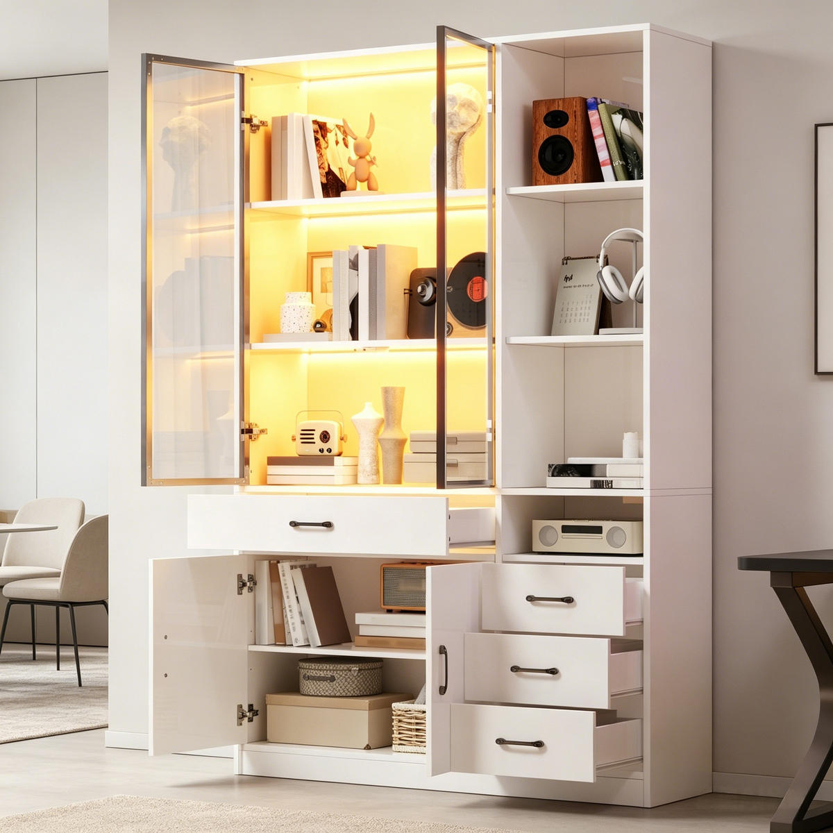VITRINE in Weiß Hochschrank mit Glasvitrine, Schubladen und LED, 120/35/200cm, für Esszimmer und Wohnzimmer - Transparent/Weiß, Glas/Holzwerkstoff (120/200/35cm) - STILVORA