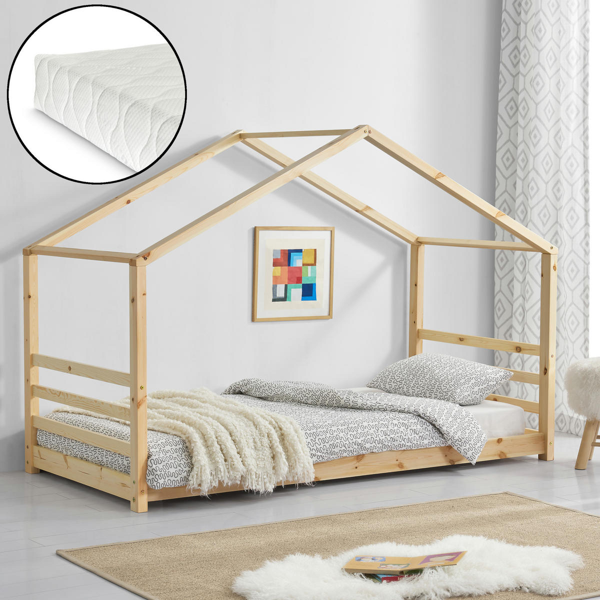 HAUSBETT Vardø mit Matratze - Naturfarben, Holz/Textil (90/200cm) - [en.casa]