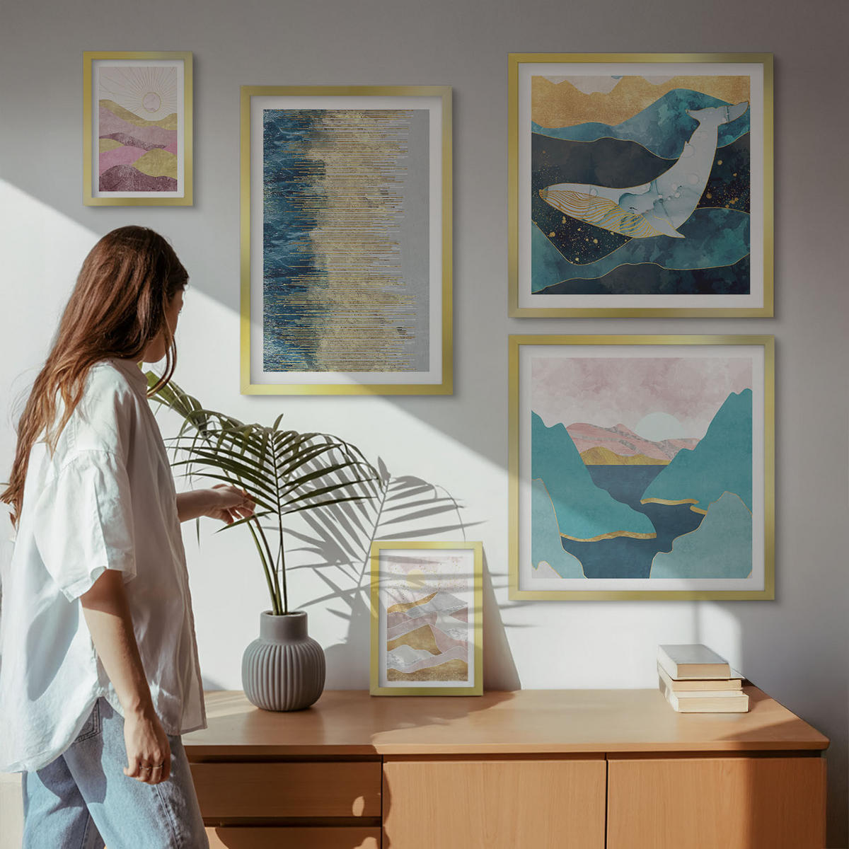 WANDBILDER 5er Set - 50x50 cm & 20x30 cm & 40x60 cm Goldrahmen - Abstrakte Berge Sonne - Goldfarben, Kunststoff (40/60cm) - ArtPrintCave