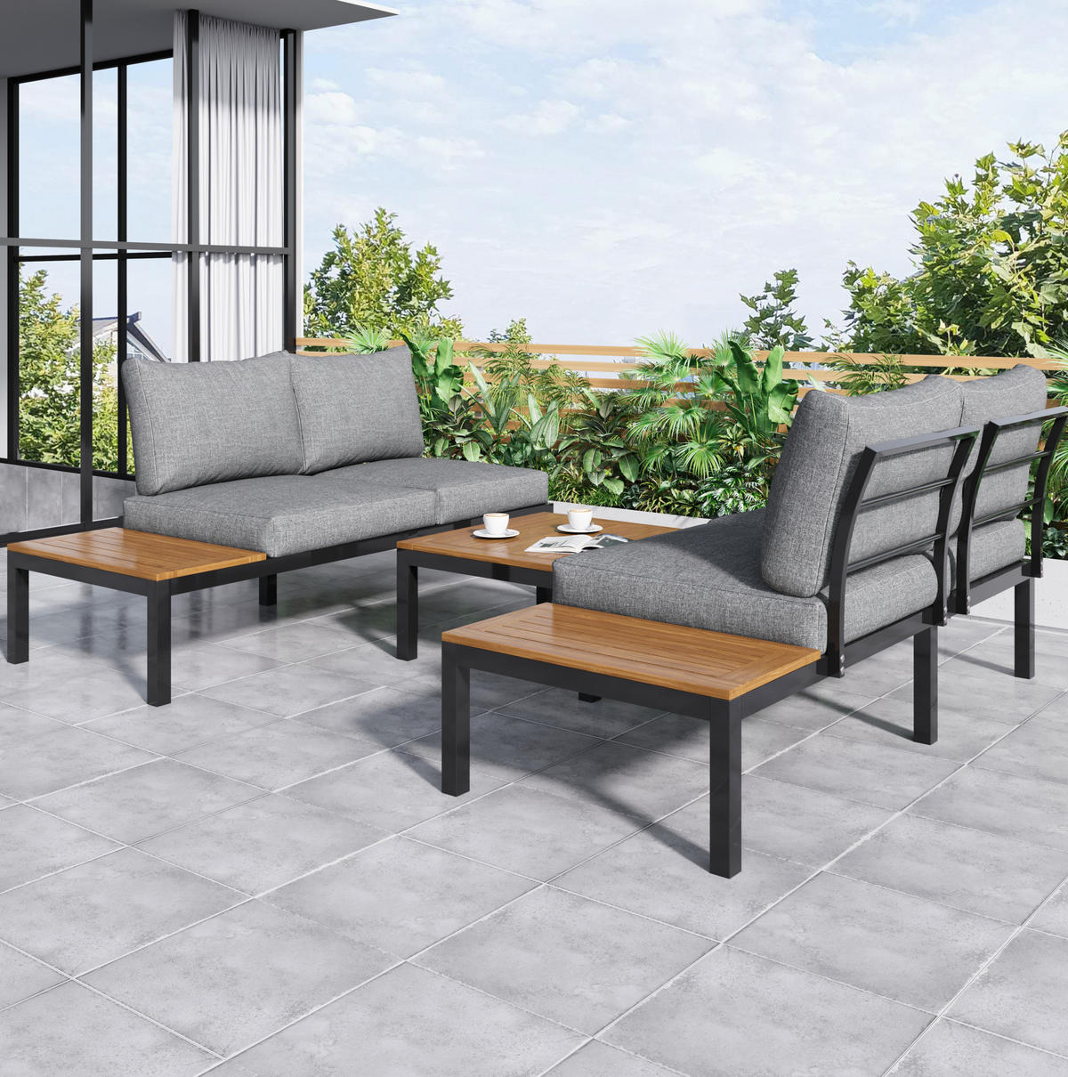 LOUNGEGARNITUR 120/60/66 cm grau aus Eisen mit Akazie 5-teilig - Grau, Metall - OKWISH
