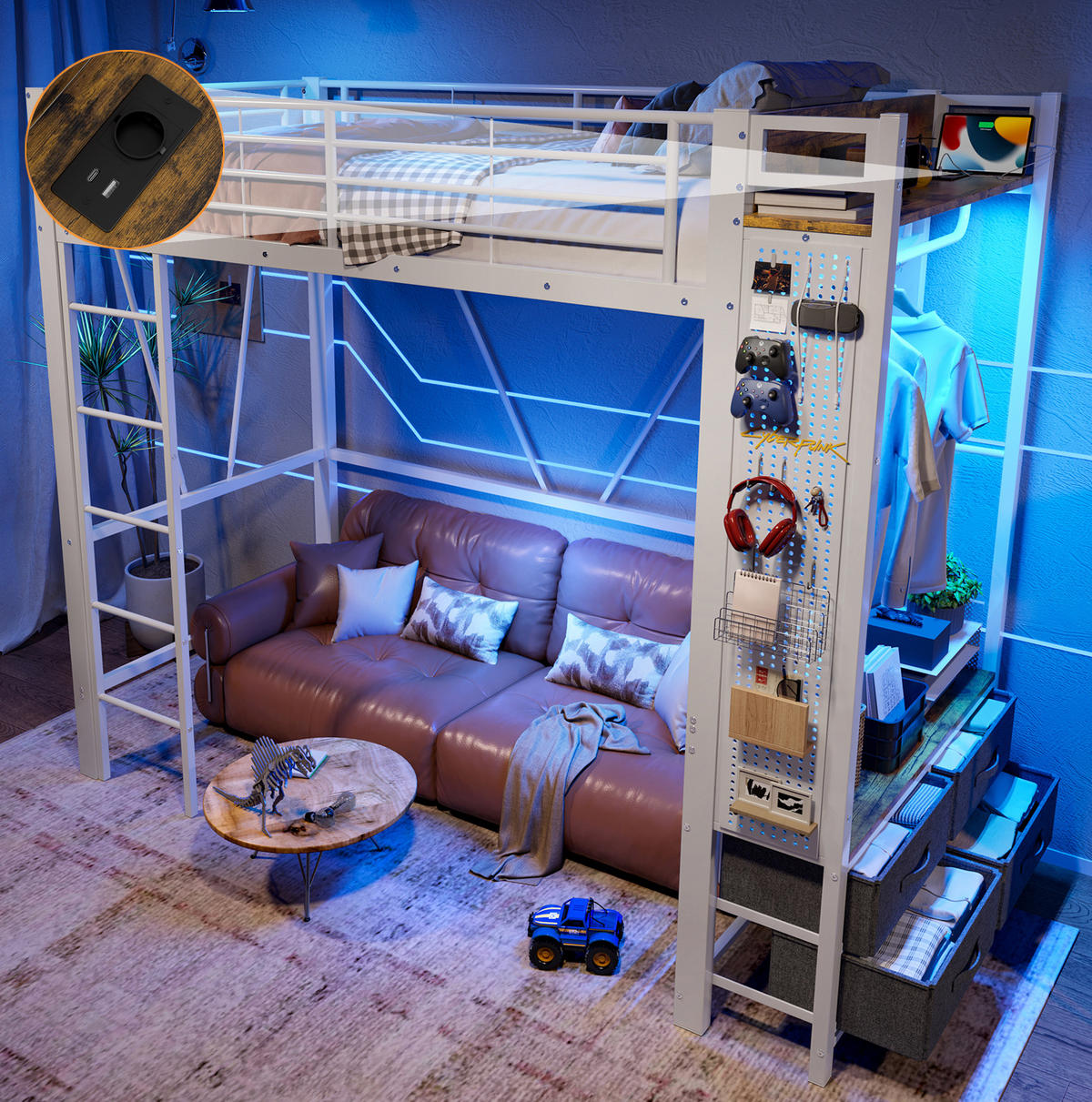 HOCHBETT 90/200 cm in Weiß mit LED-Beleuchtung, Stauraum und USB- und Type-C-Anschlüssen - Weiß, Metall (90/200cm) - Flora Grace