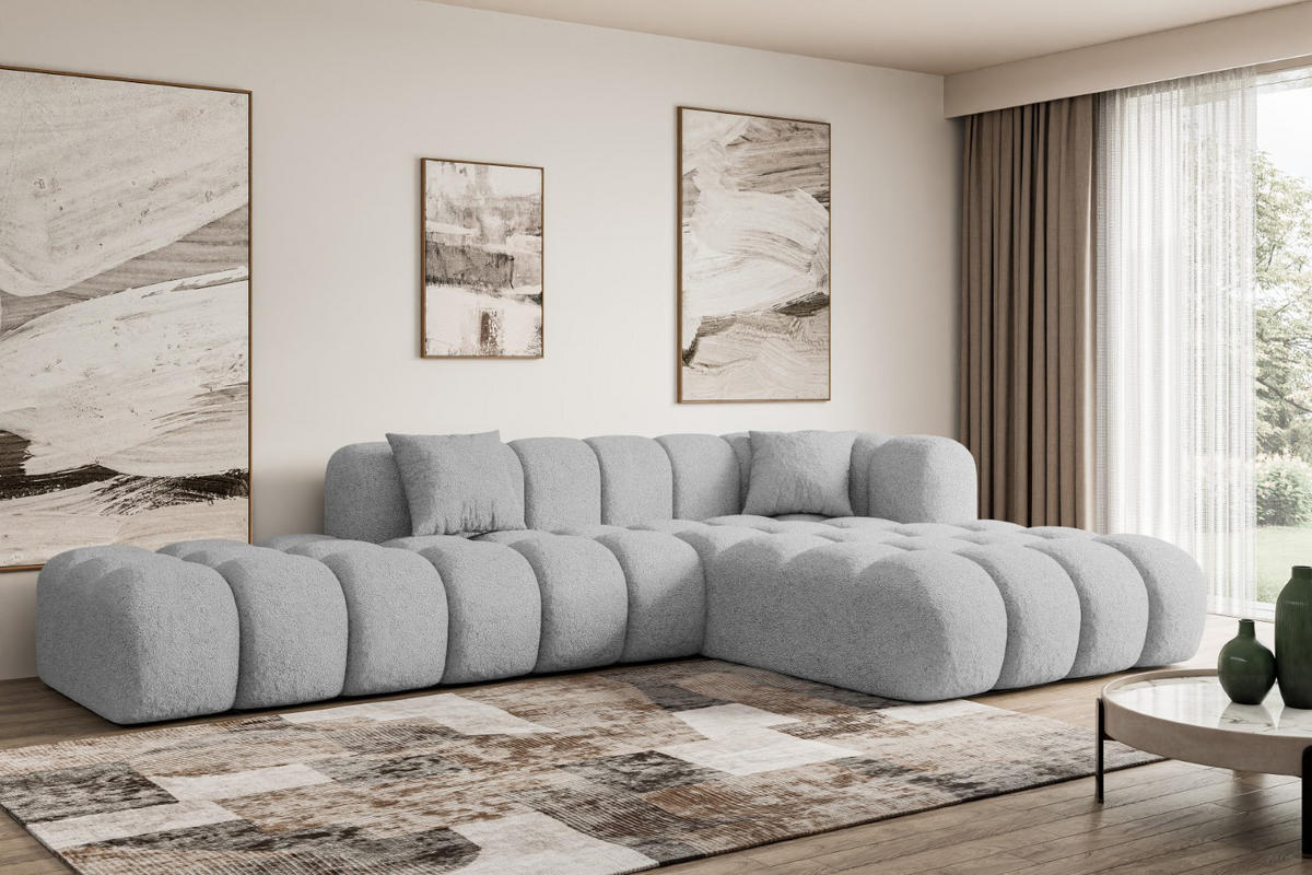 ECKSOFA Ottomane Rechts OLEA-L2 - 289x176x71 cm Hellgrau Bouclé - Hellgrau/Schwarz, Holzwerkstoff/Kunststoff (289/176cm) - ALTDECOR