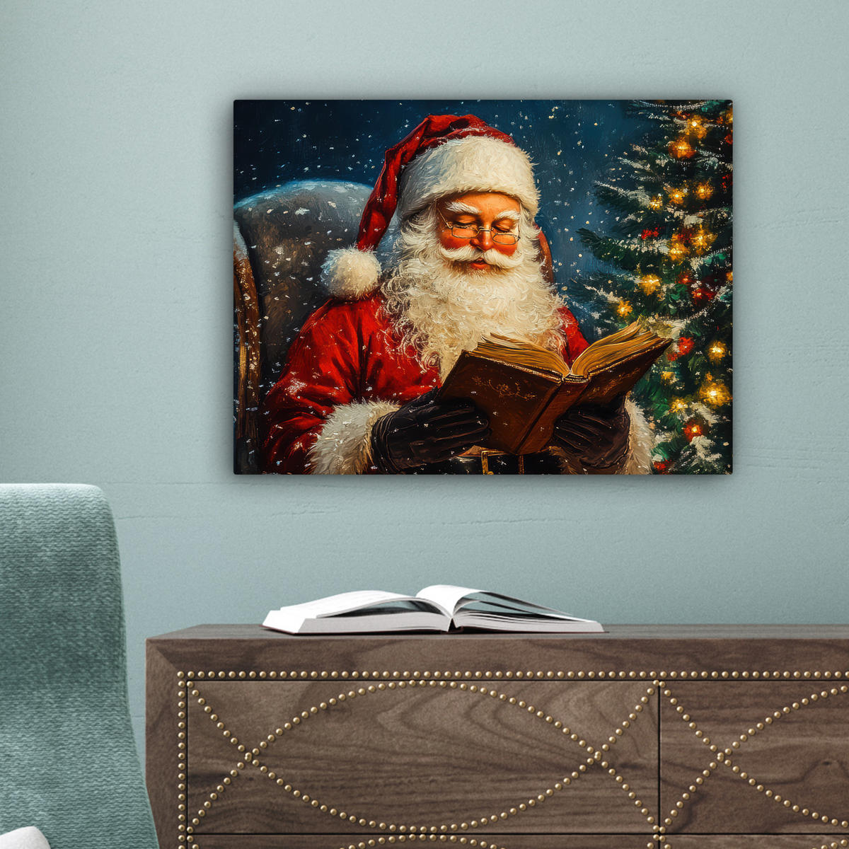 LEINWANDBILD Weihnachtsmann - Weihnachten - Winter - Weihnachtsbaum 40x30 cm - Bordeaux, Textil (40/30cm) - MuchoWow