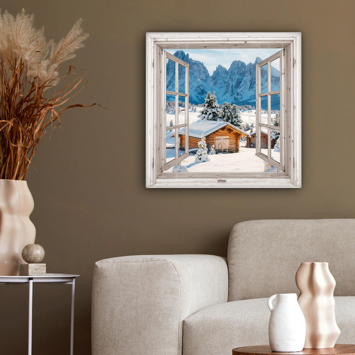 LEINWANDBILD Winterlandschaft - Hütte - Berge - Ausblicke - Aussicht - Natur 50x50 cm - Weiß Hochglanz, Textil (50/50cm) - MuchoWow