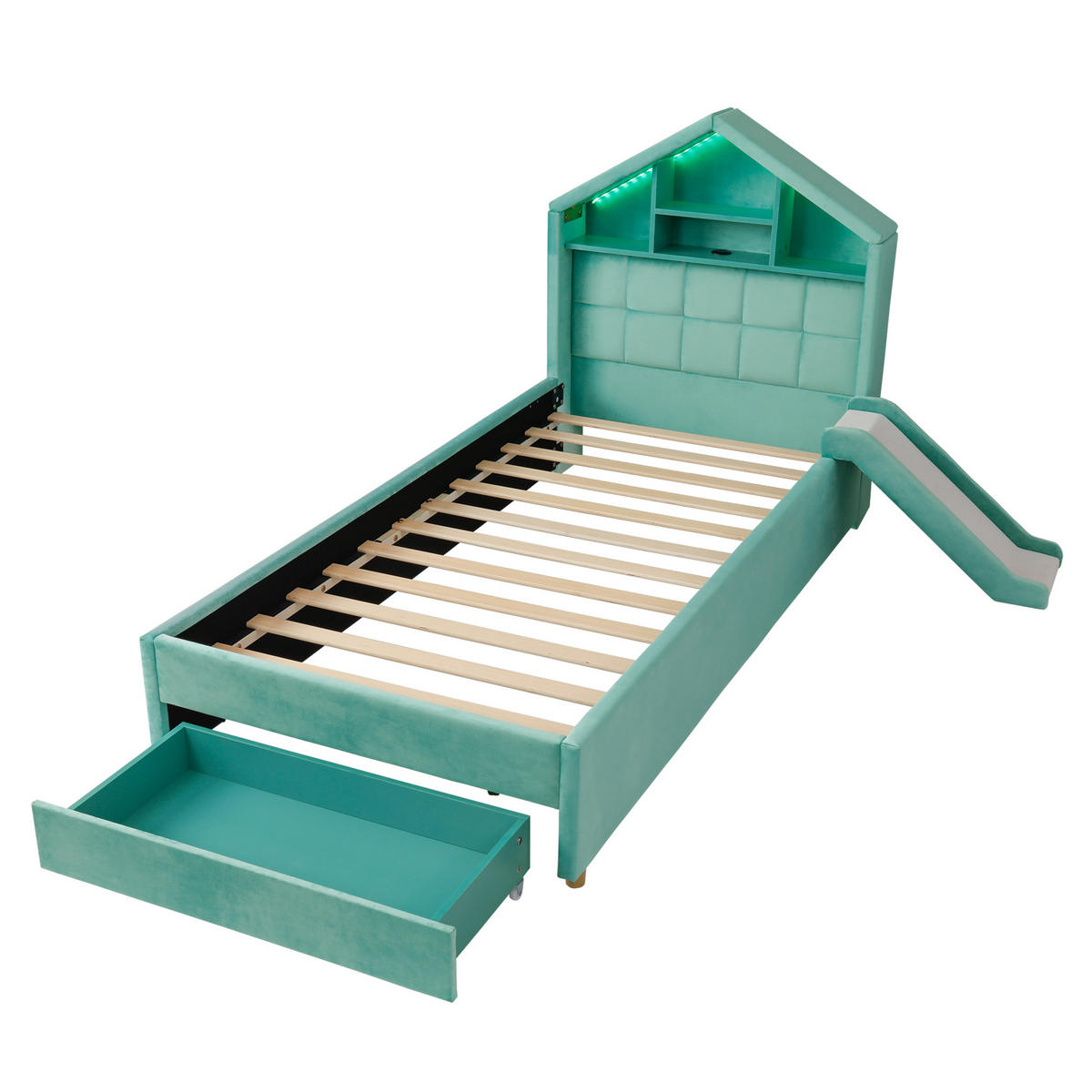 SPIELBETT 90/200 cm mit Rutsche und LED, DE-41740, in Blaugrün - Türkis, Holzwerkstoff (90/200cm) - ComfortXL