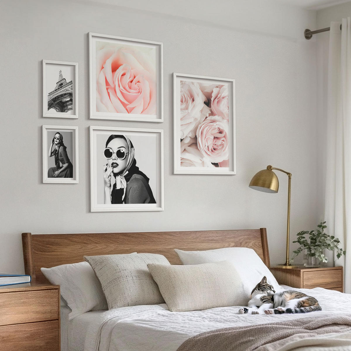 WANDBILDER 5er-Set - 50x50 cm & 20x30 cm & 40x60 cm Weißer Rahmen - Blumen, Pfingstrosen, Rosen, Eleganz - Weiß, Kunststoff (40/60cm) - ArtPrintCave
