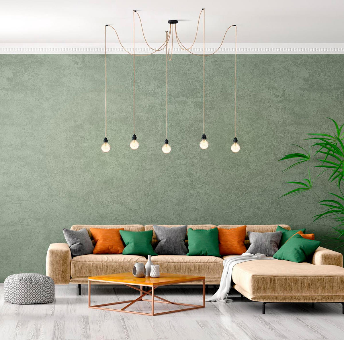 PENDELLEUCHTE Hang 5 Flammig Retro - Beige/Schwarz, Naturmaterialien (350/1/350cm) - HOOPZI
