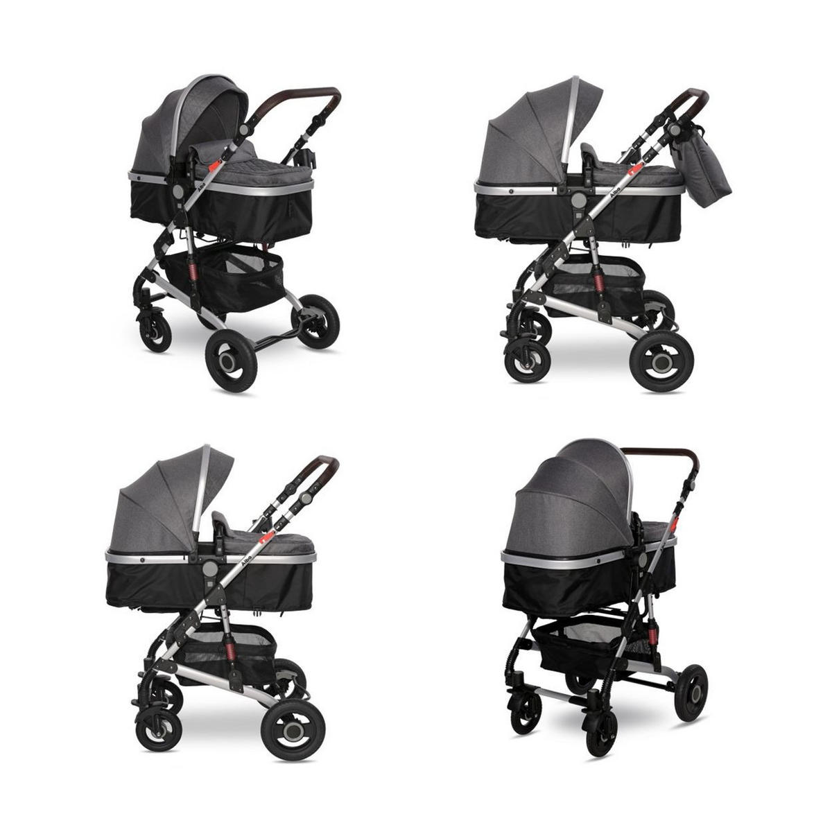 KINDERWAGEN 2 in 1 Alba dunkelgrau Adapter umbaubar Wickeltasche Moskitonetz - Grau, Metall (102/66/122cm) - Lorelli