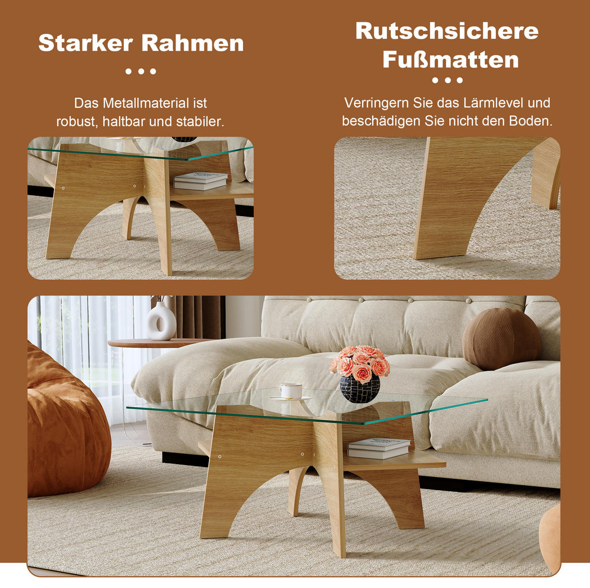 ODKLÁDACÍ stolek 80/80/40 cm transparentní v barvě dřeva z MDF a skla s úložným prostorem - průhledná, sklo (80/80/40cm) - OKWISH