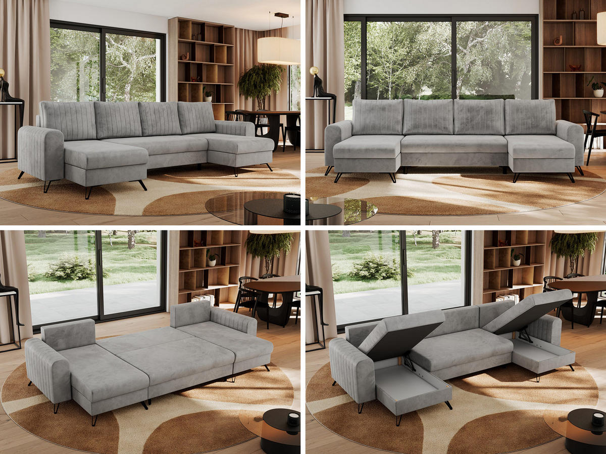 WOHNLANDSCHAFT AXEL U Velvet Hellgrau - Hellgrau/Schwarz, Textil/Metall (312/90/140cm) - MKS