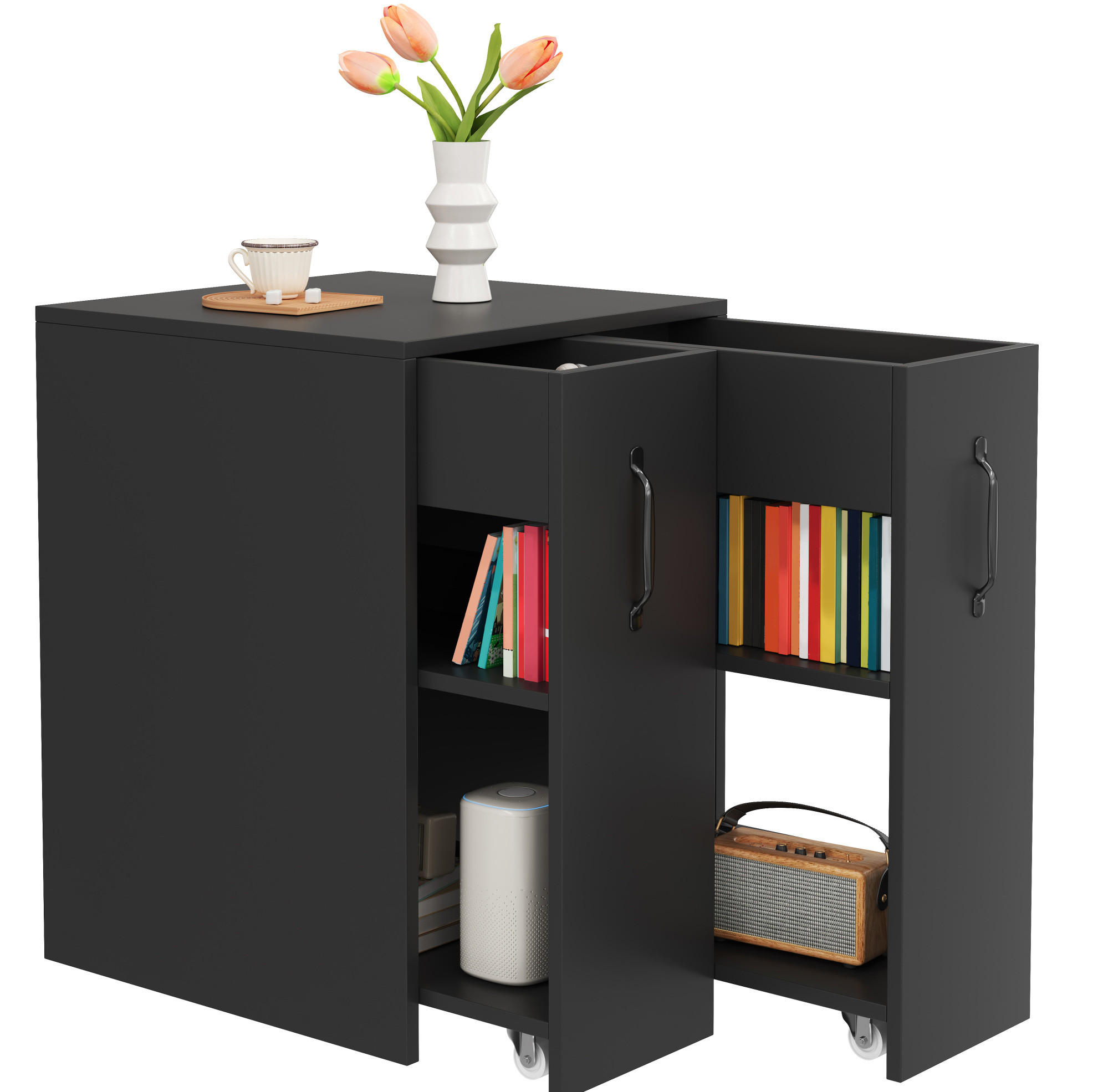 SIDEBOARD aus Spanplatte 52x50x75 cm Schwarz mit Rollen, beidseitig montierbaren Auszügen und offenen Fächern - Schwarz, Holzwerkstoff (52/75/50cm) - Modfu