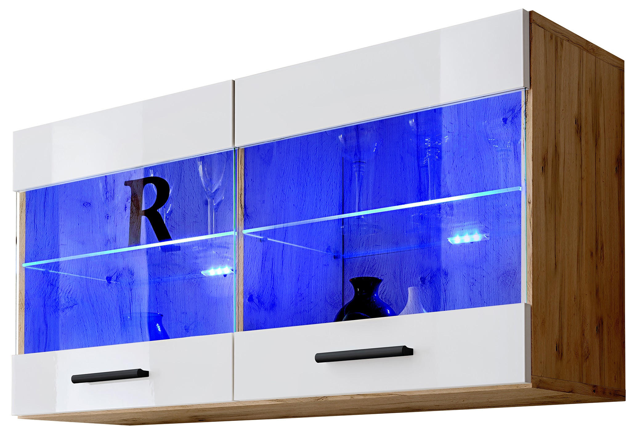 HÄNGEVITRINE SAVONA, Weiss, LED Blau - Eiche Wotan/Schwarz, Glas/Holzwerkstoff (100/50/27.2cm) - Komodee