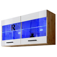 HÄNGEVITRINE SAVONA, Weiss, LED Blau - Eiche Wotan/Schwarz, Glas/Holzwerkstoff (100/50/27.2cm) - Komodee