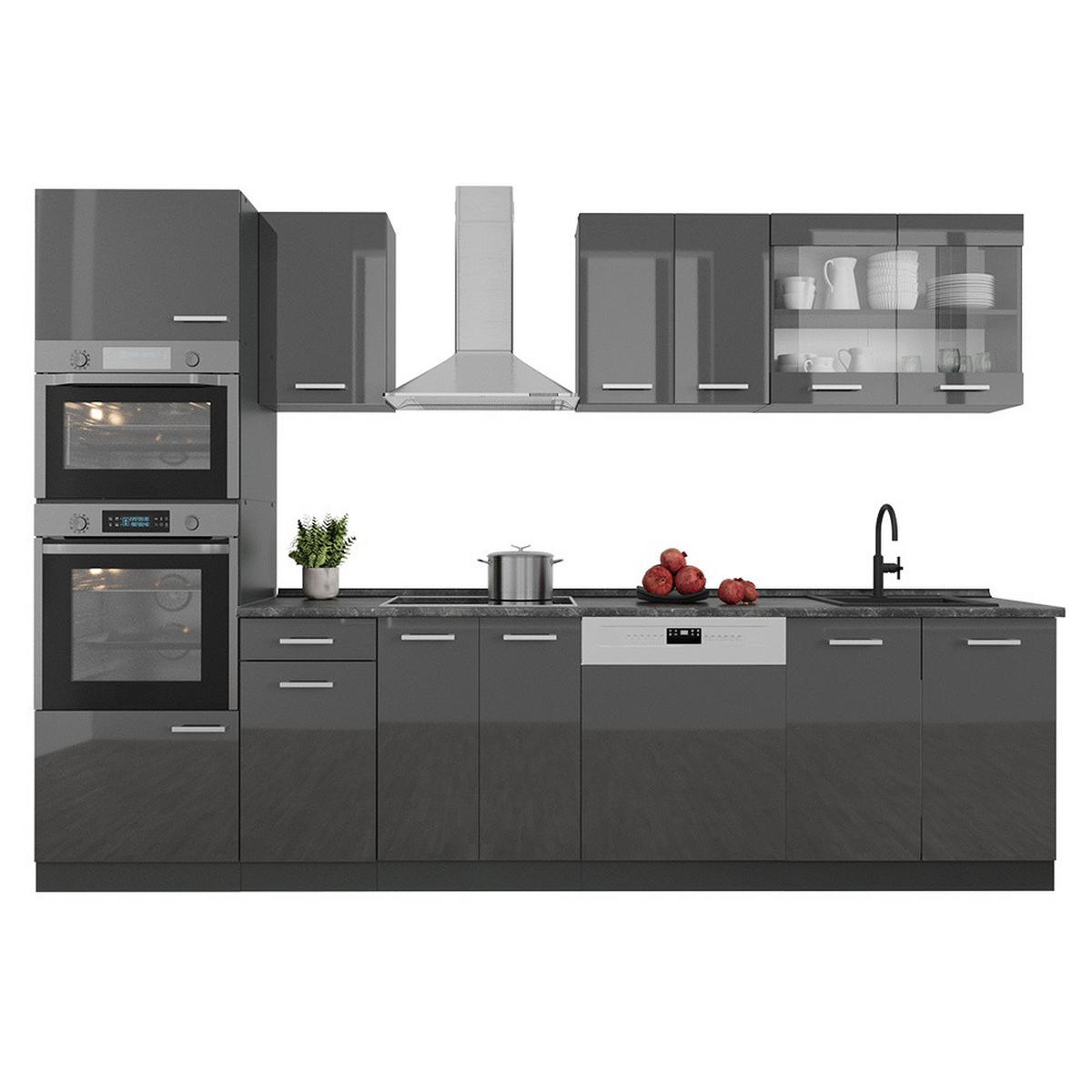 KÜCHENZEILE R-Line Anthrazit Hochglanz 300 cm mit Hochschrank, AP Eiche - Schwarz Hochglanz/Anthrazit, Holzwerkstoff (300/206.8/60cm) - Vicco