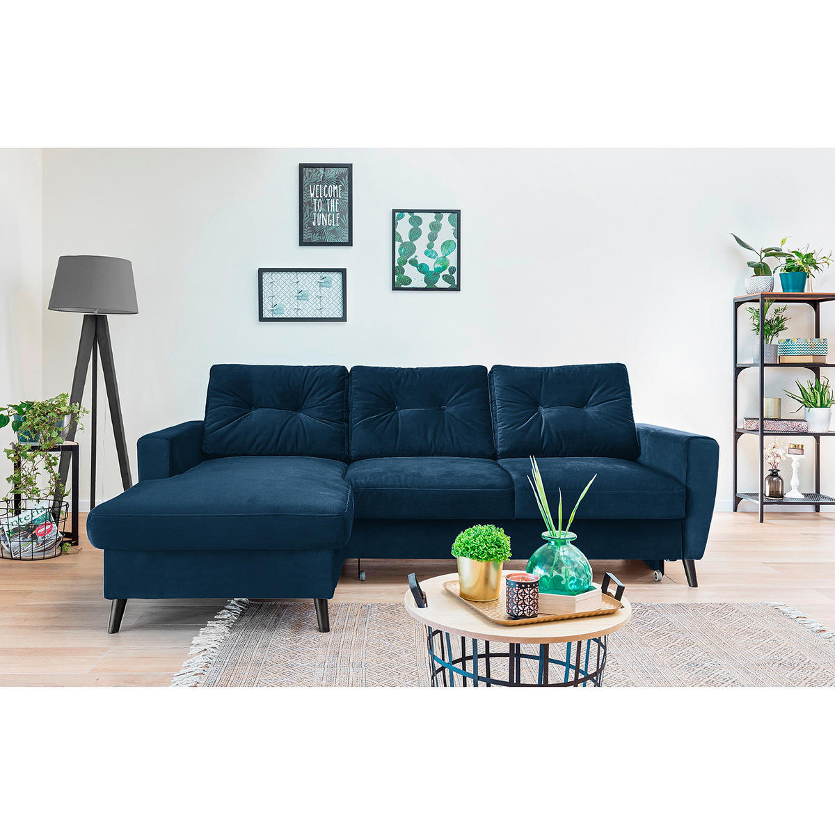 ECKSOFA mit Longchair - Schwarz/Dunkelblau, Buchenholz/Textil (233/148cm) - home24