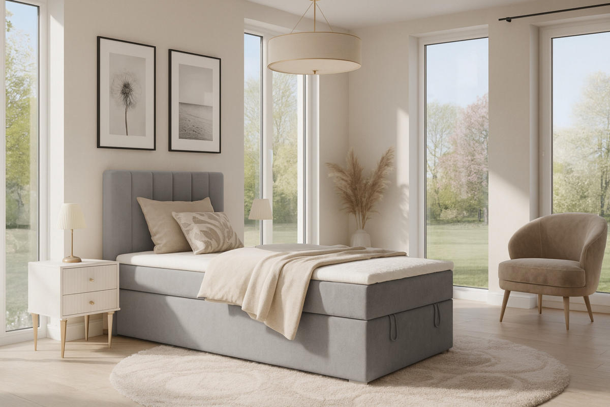 BOXBETT DAVID MINI 120/200 in Velours Hellgrau H4 - Hellgrau, Holz/Holzwerkstoff (120/200cm) - Deine Möbel 24