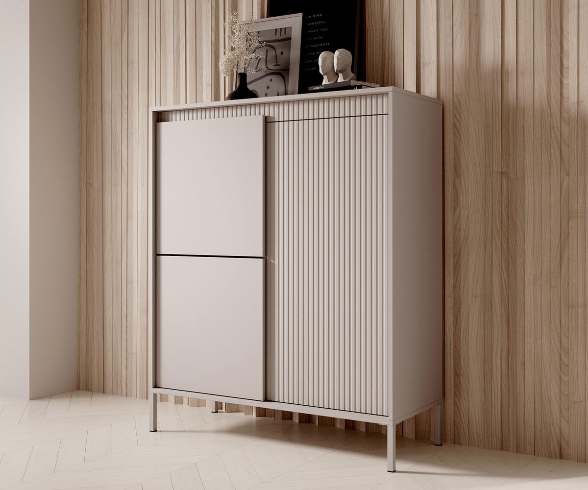 HIGHBOARD Trentinis 3T Beige 103,5/123,4/39,5 cm – Geriffelten Fronten - Beige, Holzwerkstoff/Metall (103.5/123.4/39.5cm) - AX Living