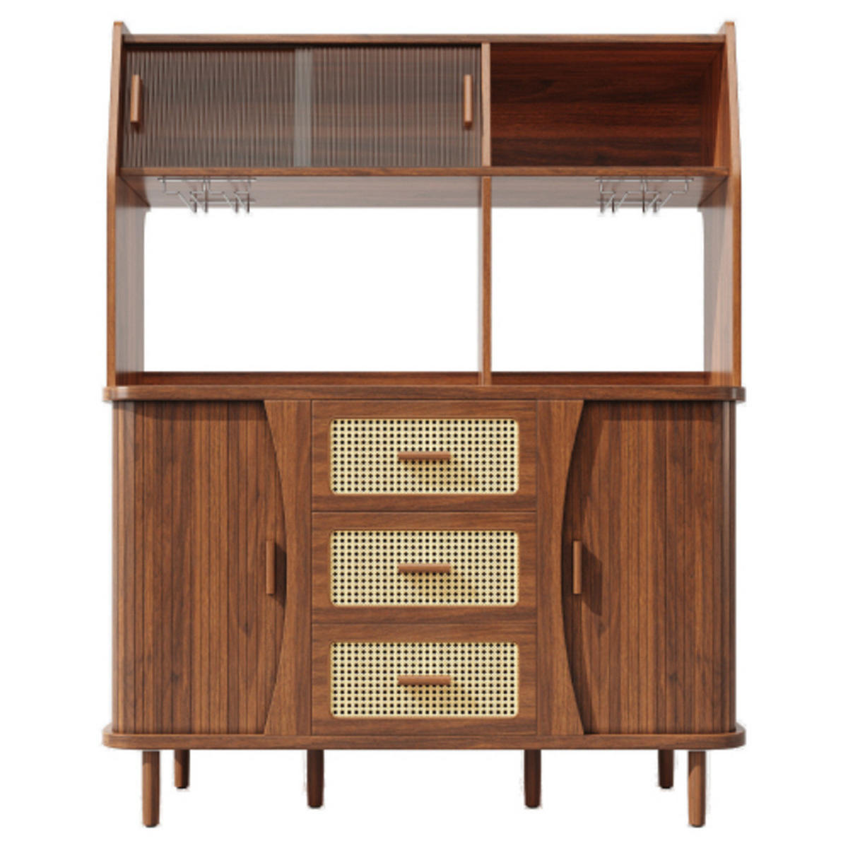HOCHSCHRANK Nussbaumoptik aus MDF und Metall mit Rattanschubladen & Glasschiebetüren 140×40,5×174,5 cm - Nussbaumfarben, Holzwerkstoff (140/174.5/40.5cm) - Luhomfu