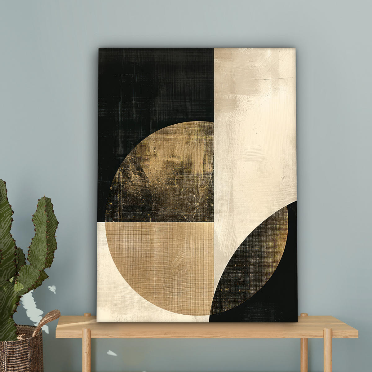 LEINWANDBILD Abstrakt - Geometrische Formen - Schwarz - Gold Wandbild Wohnzimmer 60x80 cm - Ecru, Textil (60/80cm) - MuchoWow