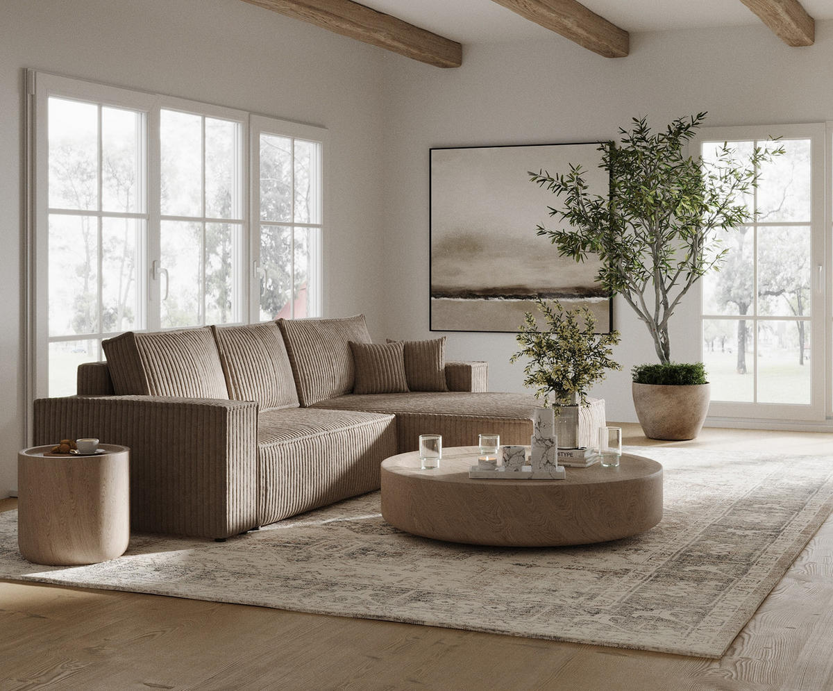 ECKSOFA Maze Hellbraun Plüsch - Rechts Seite - Schwarz/Cappuccino, Holz/Holzwerkstoff (294/185cm) - Maison de Reve