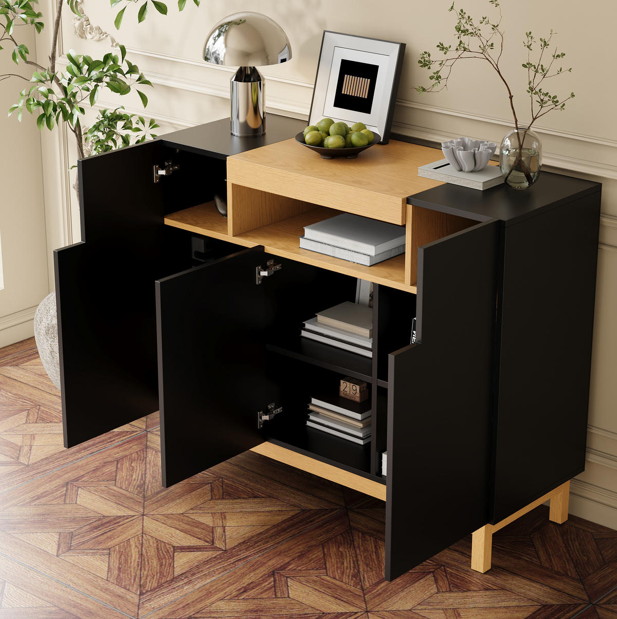 SIDEBOARD 120,5/42/96 cm in Schwarz mit 3 Türen und offenem Fach - Schwarz, Holzwerkstoff (120.5/96/42cm) - Flora Grace