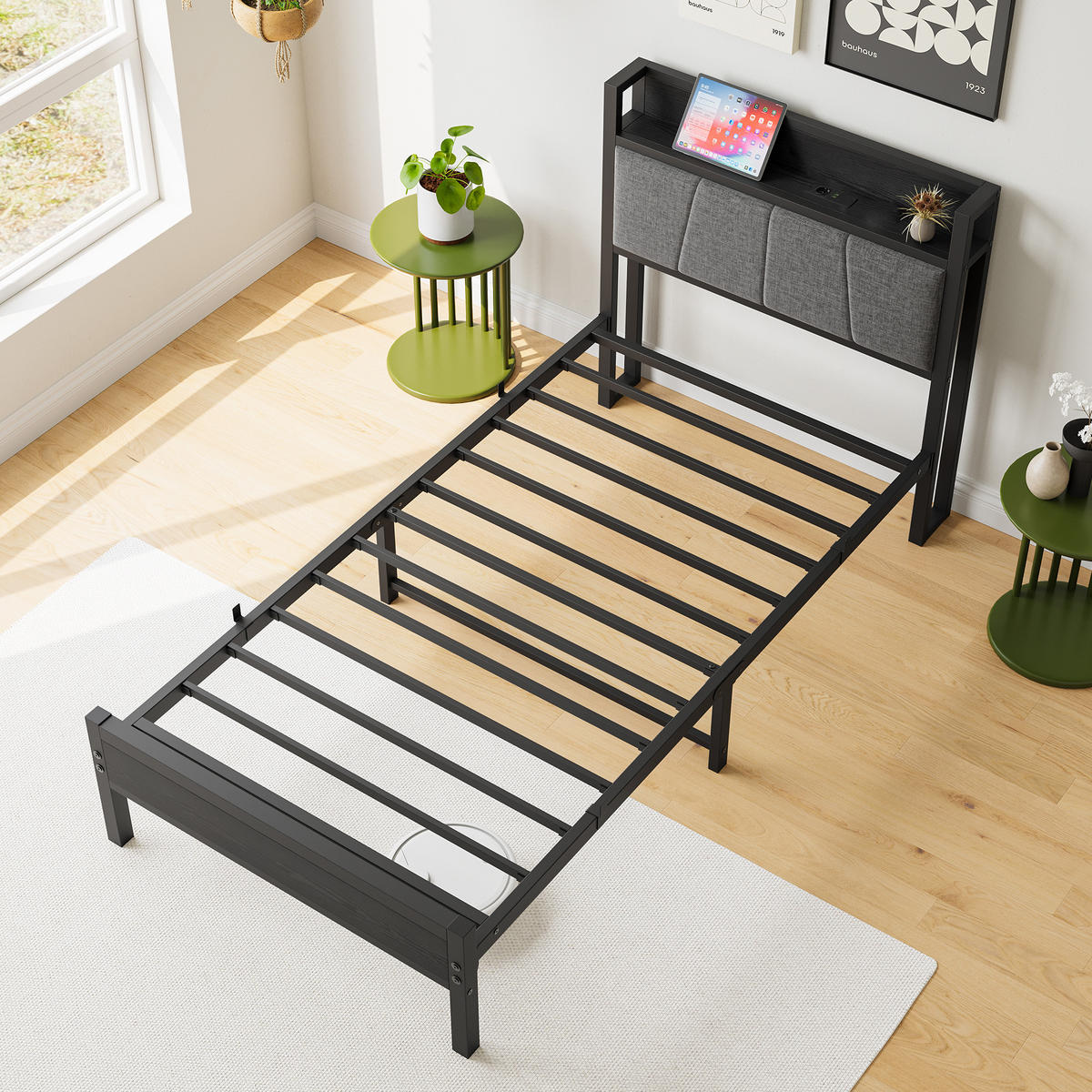 METALLBETT 90/200 mit Gepolstertes Kopfteil und Steckdose Jugendbett ohne Matratze, 27 cm Bodenfreiheit - Schwarz/Grau, Holzwerkstoff/Textil (90/200cm) - STILVORA
