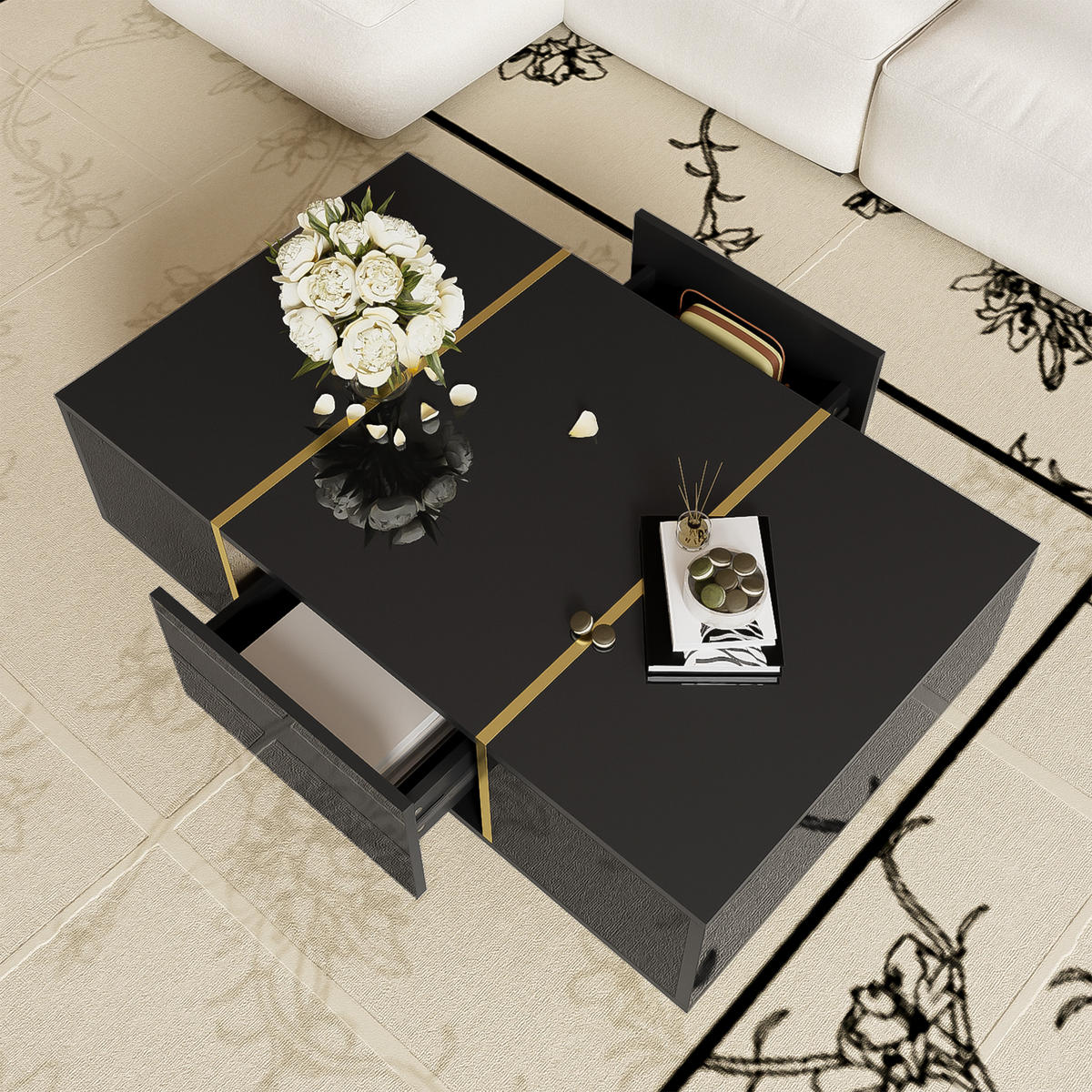 COUCHTISCH Schwarz Hochglanz - 100x60cm - 2 Schubladen - Schwarz, Holz (112.4/69.6/14.99cm) - Raelunyi