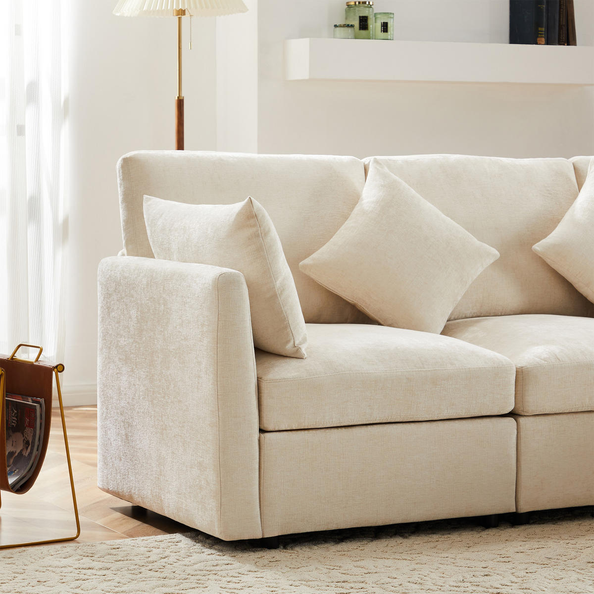 4-SITZER ECKSOFA Chenille Beige mit Hocker und Kissen - Beige, Holzwerkstoff/Kunststoff (216/161cm) - WISHDOR