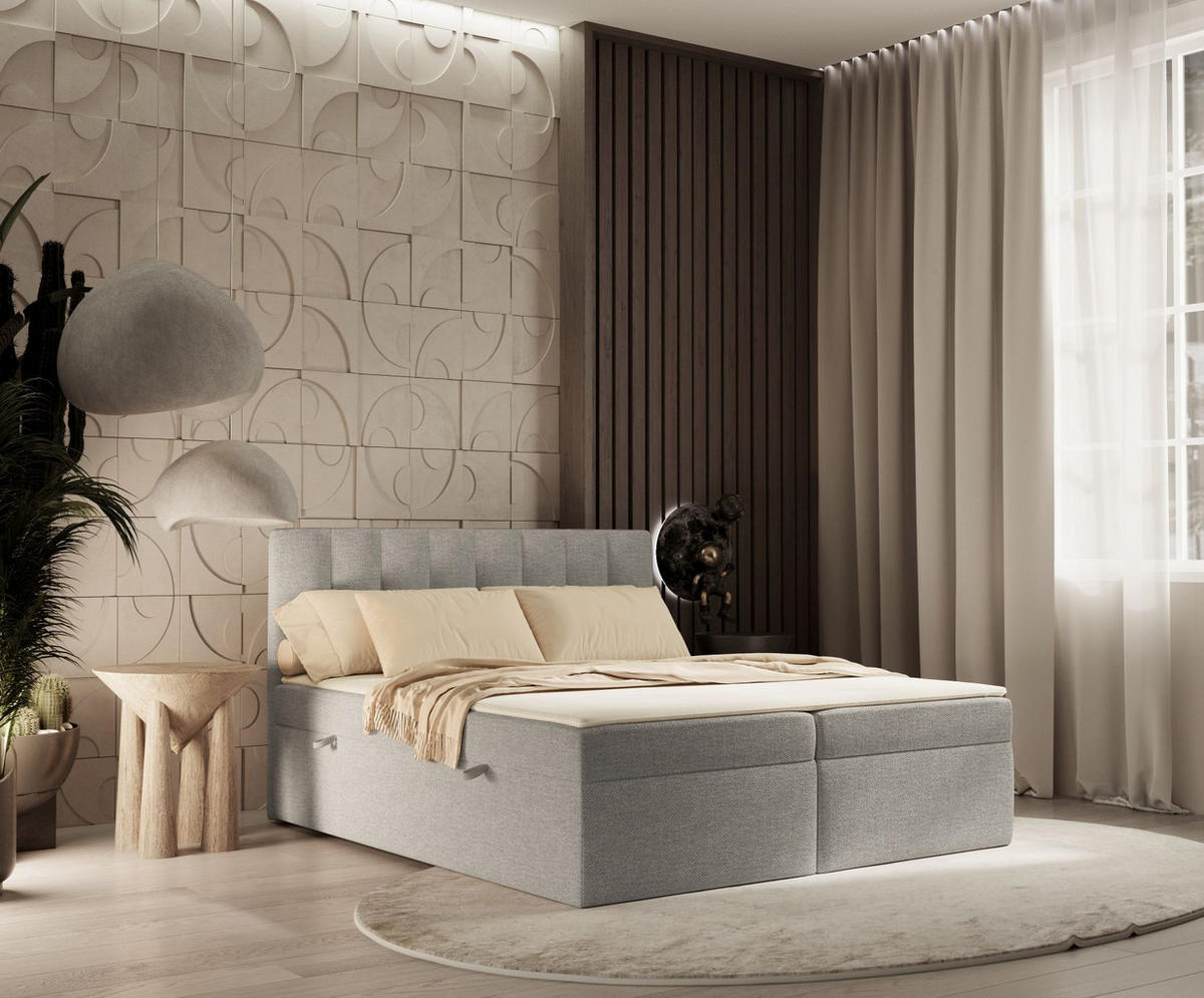 BOXBETT Novento Grau Beige 140/200 cm mit Matratze und Topper - Beige/Schwarz, Holz/Holzwerkstoff (140/200cm) - Maison de Reve