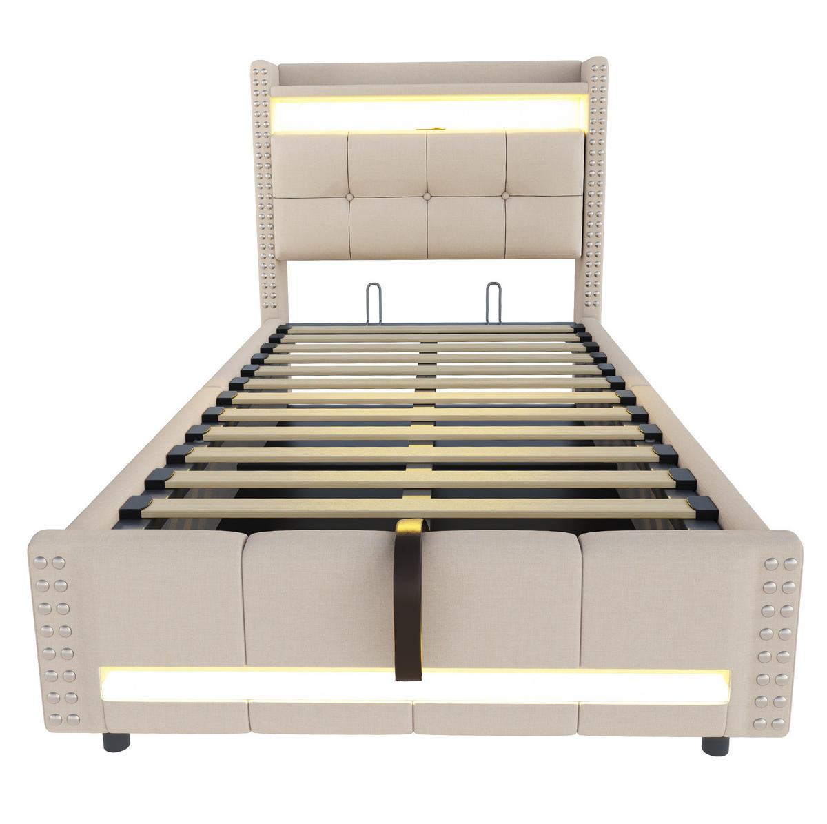 ČALOUNĚNÁ postel 90/200 cm béžová z lněné tkaniny s LED, USB a úložným prostorem - béžová, textil (90/200cm) - OKWISH