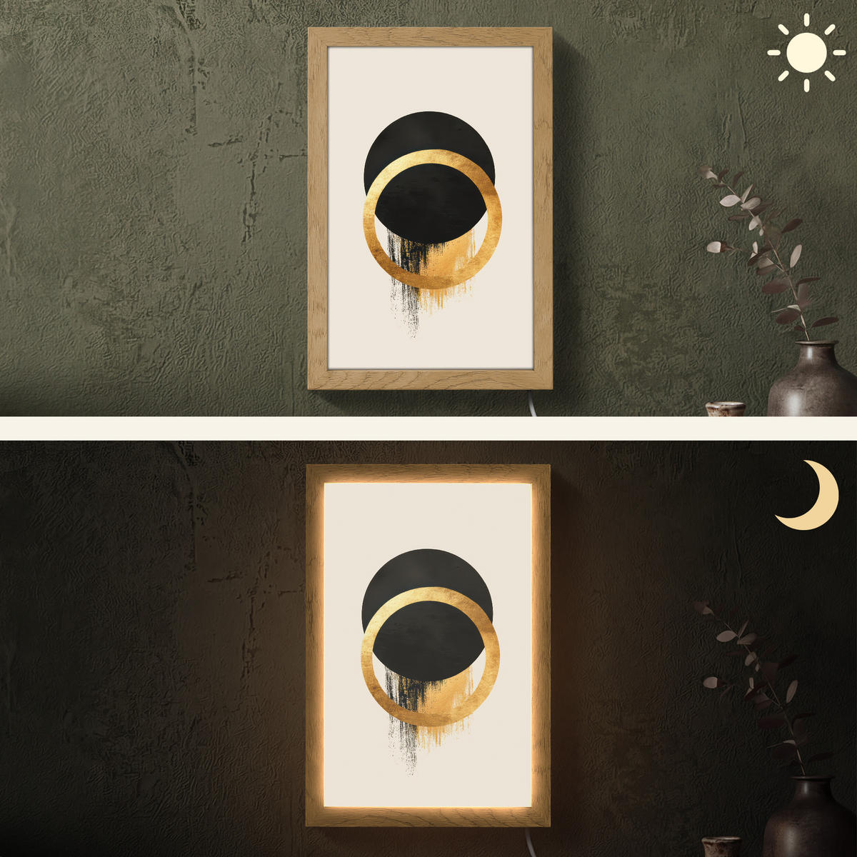 NÁSTĚNNÁ LAMPA Abstraktní design - Černý kruh - Skvrny od barvy 20x30 cm - krémová, kompozitní dřevo (20/30/8cm) - OnlyWow