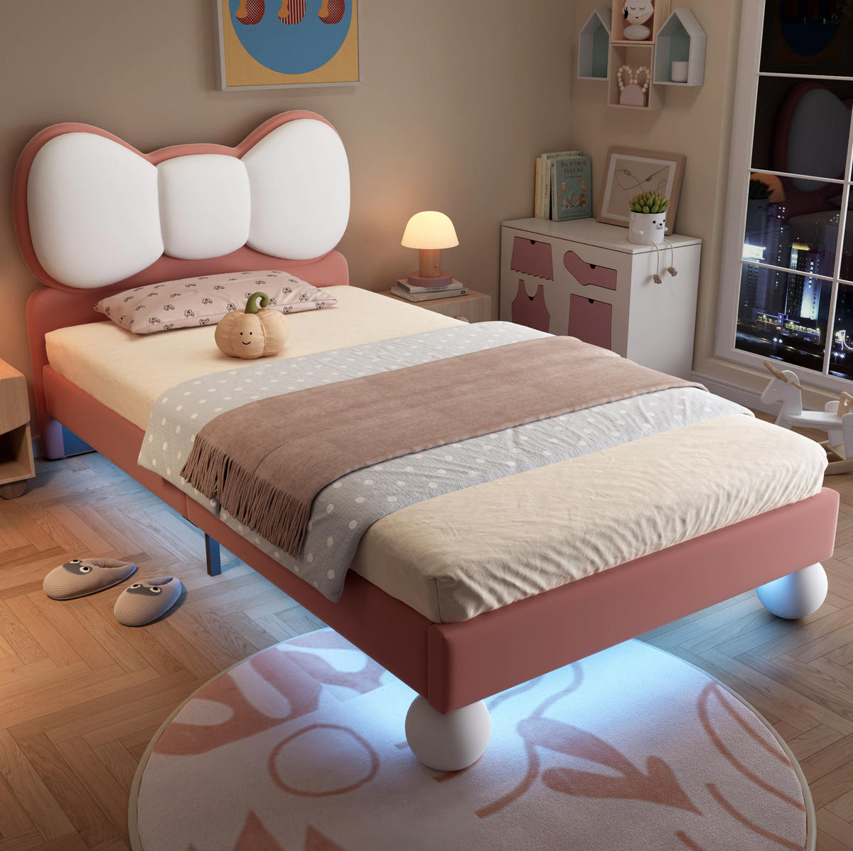 KINDERBETT 90/200 cm aus Samt mit LED-Lichtleiste und flügelförmigem Kopfteil Rosa-Beige - Rosa, Textil (90/200cm) - Modenvie