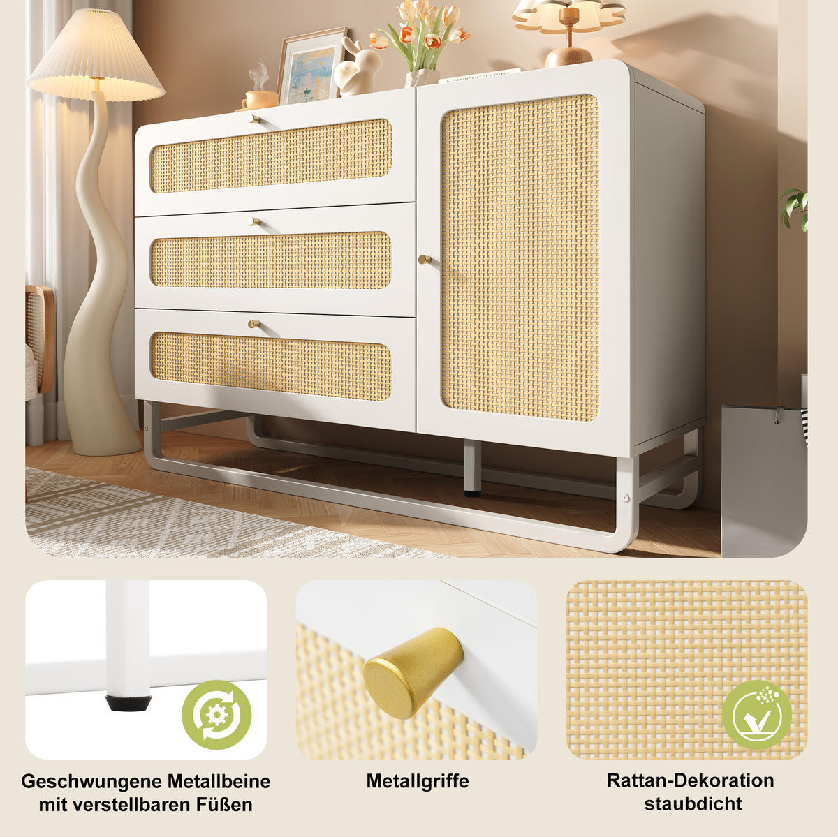 SIDEBOARD aus Holz und Metall 120x40x85 cm Weiß mit Rattanfronten, 3 Schubladen, Türschrank und verstellbaren Einlegeböden - Weiß, Metall (120/85/40cm) - Modfu
