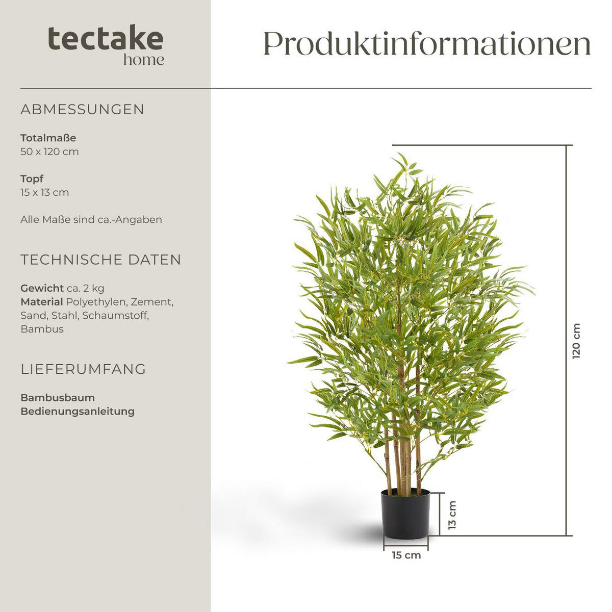 KÜNSTLICHER-BAMBUSBAUM Bambosa,stabiler Kunststoff-Blumentopf,grün - Grün, Kunststoff (120cm) - tectake