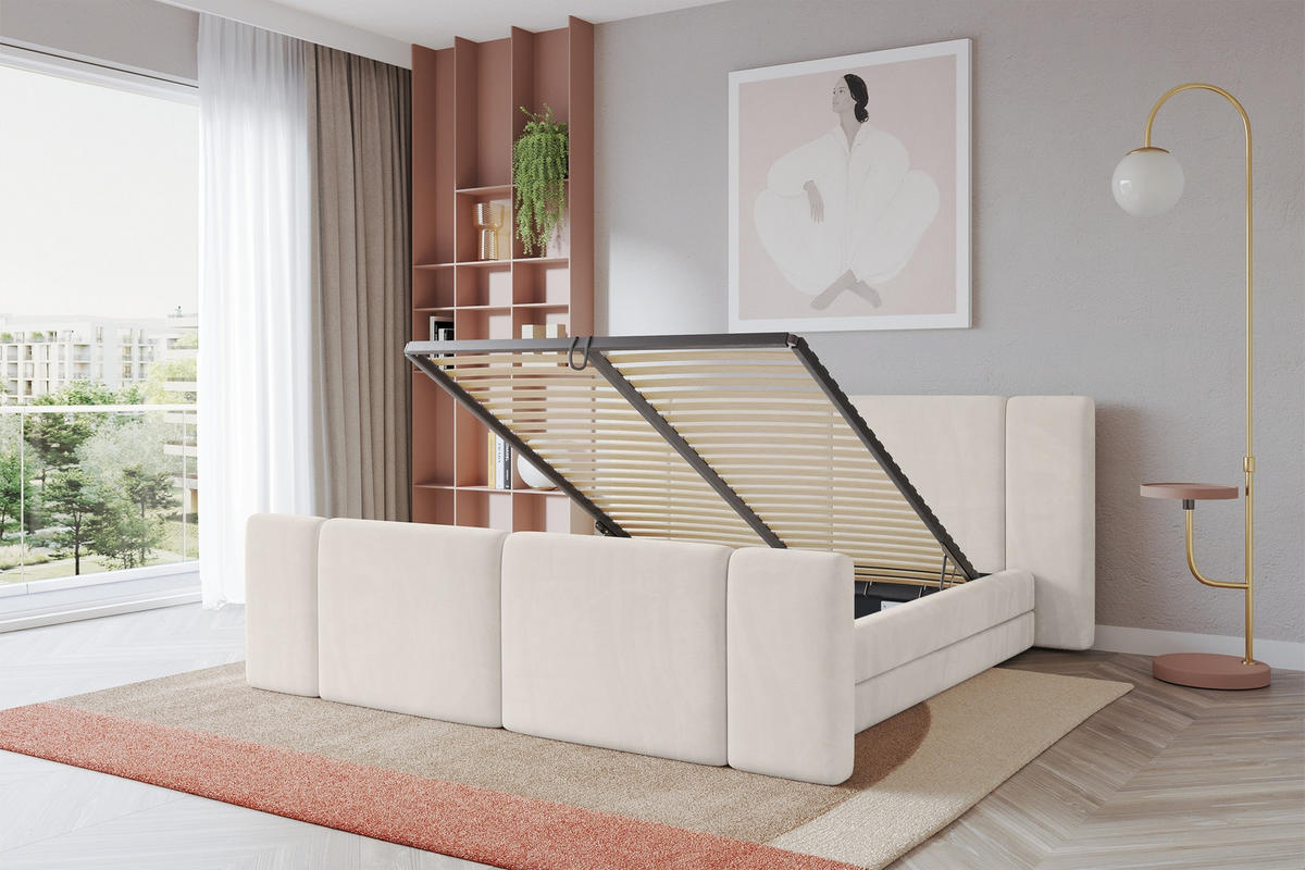 POLSTERBETT mit Bettkasten, Fußteil und Lattenrost, Bett mit Matratze H3/H4 - TEVO-Z 160x200 Beige - Ecru, Holzwerkstoff/Textil (160/200cm) - ALTDECOR