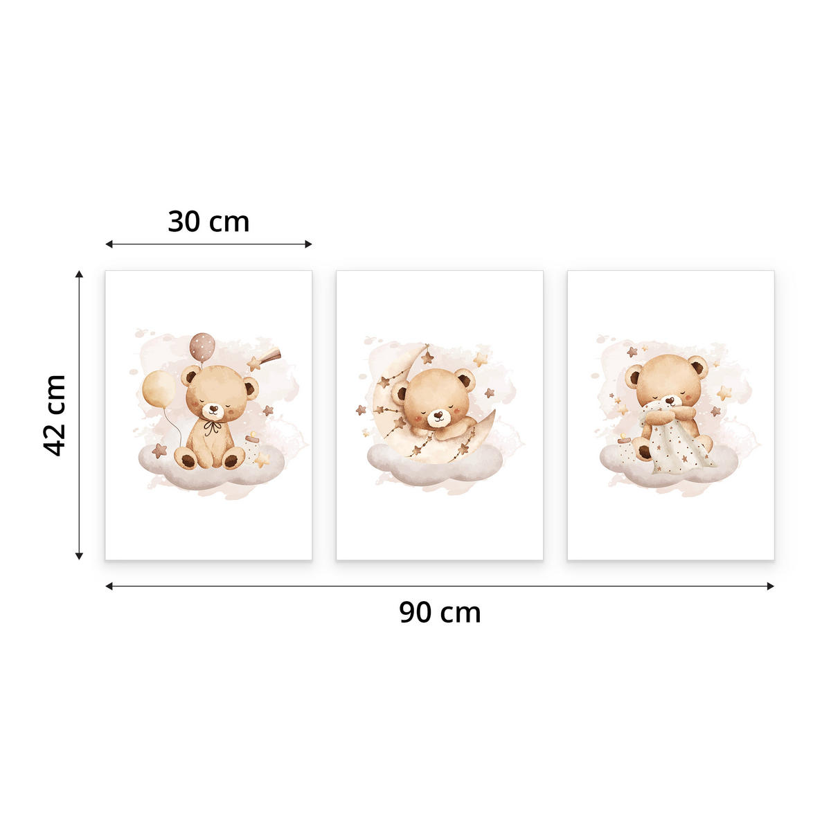 SADA PLAGÁTOV Do Detskej Izby Spiace Medvede Na Oblakoch Hviezdy 3x Plagát A3 30 x 42 cm - hnedá/biela, papier (30/42/1cm) - Muralo