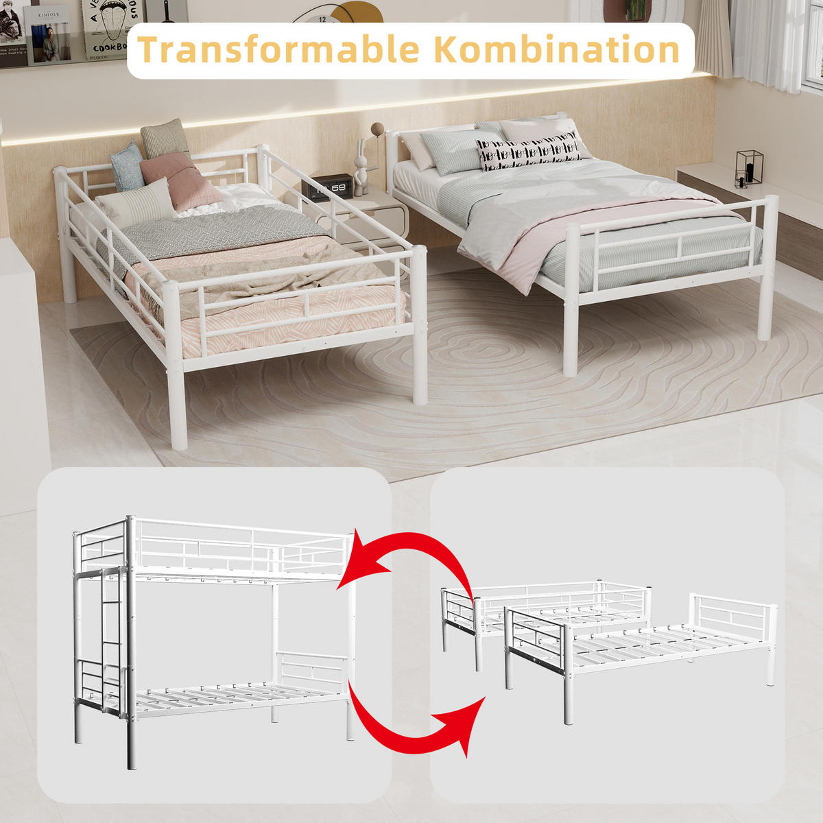 ETAGENBETT Metall Twin über Twin - Weiß, Metall (98/197cm) - ComfortXL