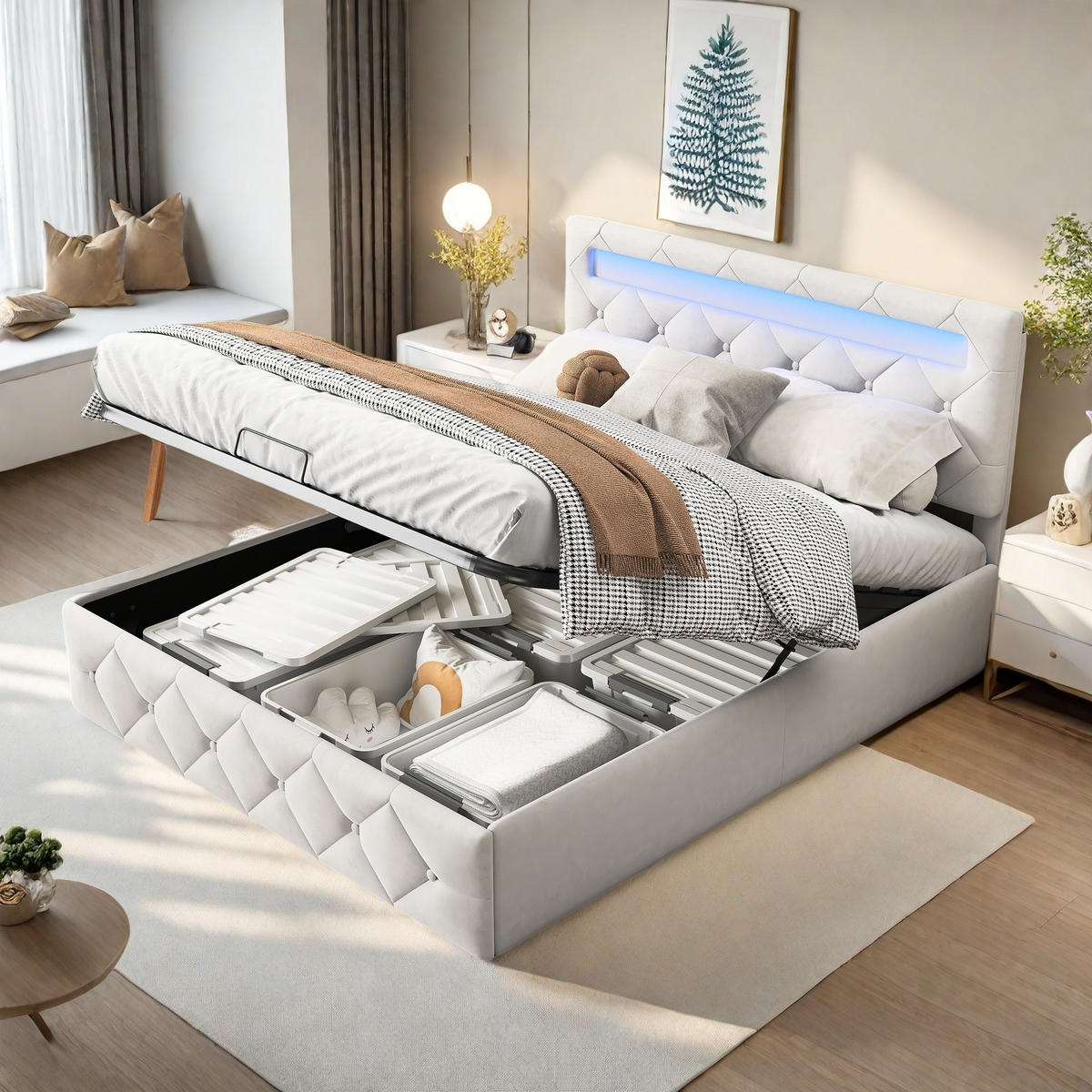 POLSTERBETT 140x200 cm beige LED USB Stauraum Lattenrost - Beige, Metall (140/200cm)