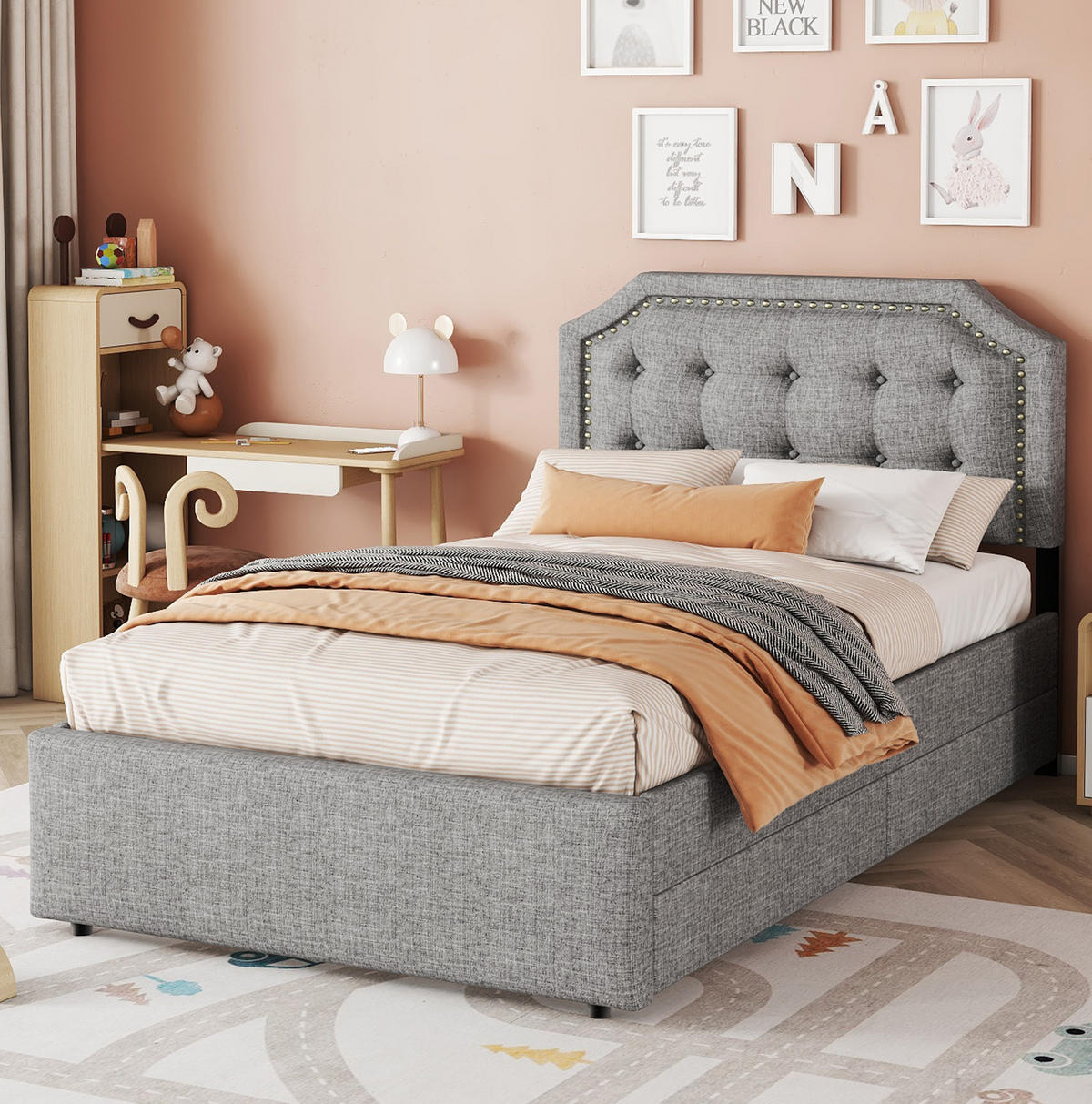 POLSTERBETT 90/200 cm Grau aus MDF mit 2 Schubladen - Grau, Textil (90/200cm) - OKMYHOME