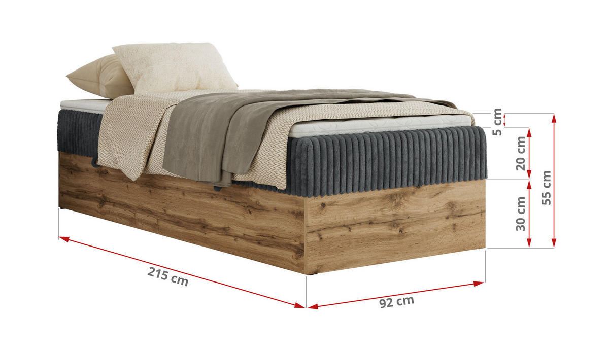 BOXBETT WOOD ZERO 90/200 - Grau Cord - H3 - Topper T25 - Grau, Textil (90/200cm) - MKS