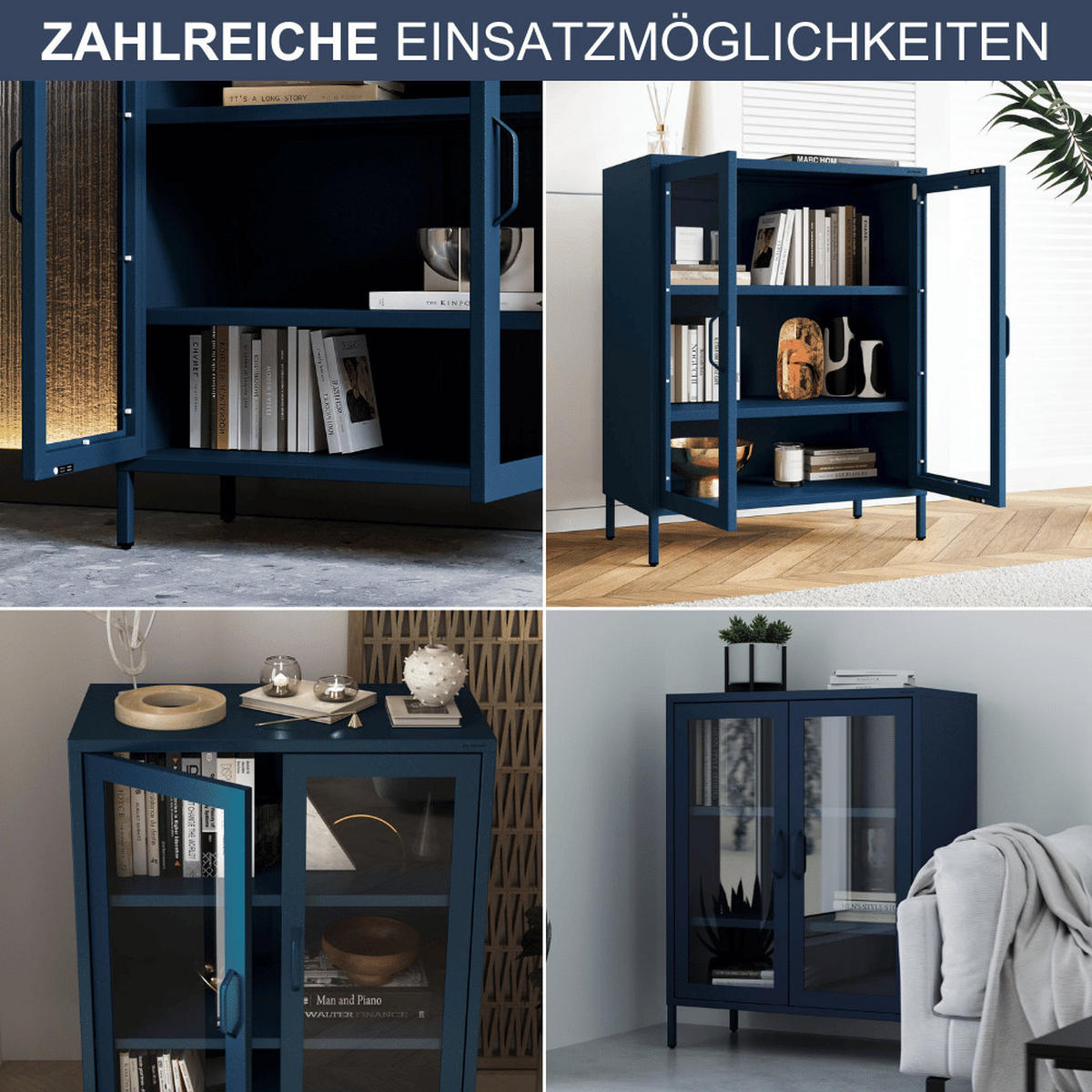 VITRINENSCHRANK Wohnzimmer klein EKER 101,5x80x40cm Dunkelblau - Dunkelblau, Metall (80/101.5/40cm) - DELUKE